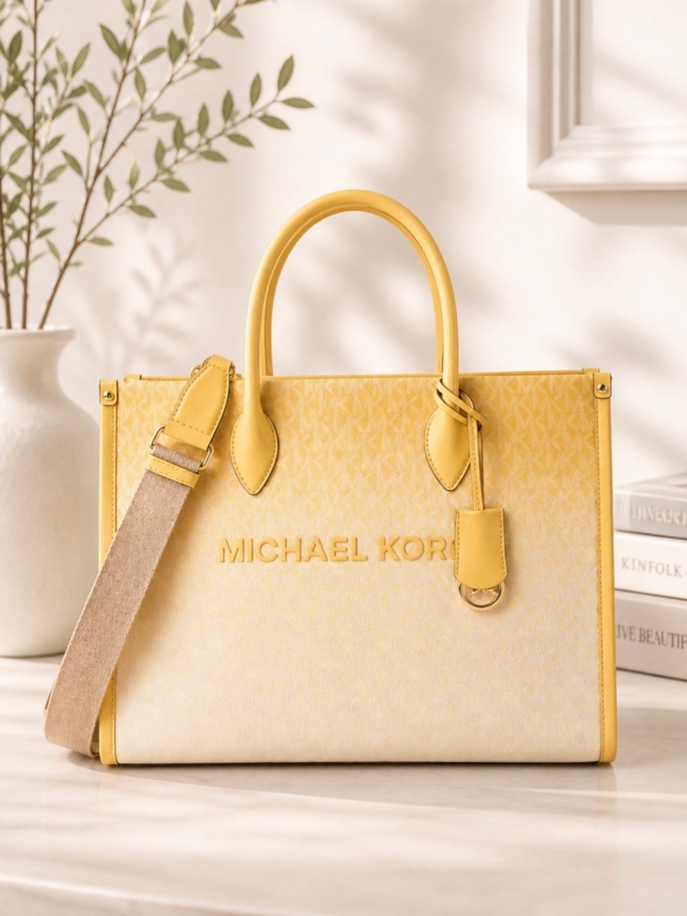 Michael Kors Mirella Tote Bag Yellow Signature Logo Crossbody Satchel